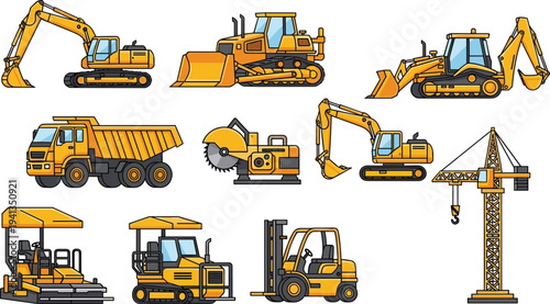 Construction machinery equipment set including excavators, bulldozers, dump truck, tower crane, forklift and road construction machines for engineering projects isolated on white background