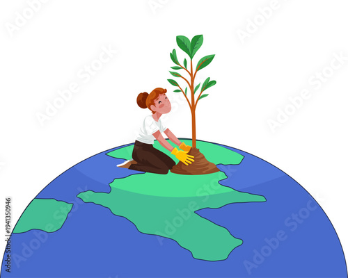 Woman planting a young tree on top of the Earth globe, reforestation and environmental volunteering concept illustration isolated on white