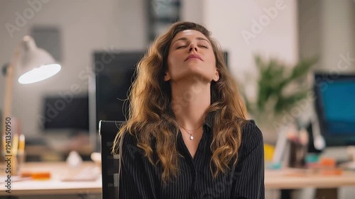 A fatigued office worker sits at a messy desk with eyes closed practicing deep breathing exercises under soft warm light seeking tranquility in the midst of a hectic work environment.