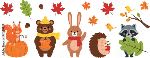 Cute autumn woodland animals vector set with bear, rabbit, hedgehog, raccoon, squirrel, pumpkins and fall leaves seasonal cartoon illustration