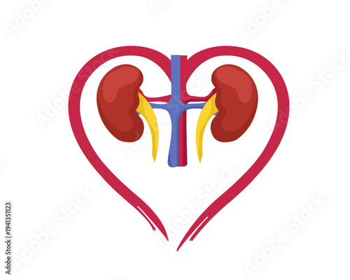 Two kidneys with ureters forming a red heart outline, medical love and kidney care concept icon isolated on white background