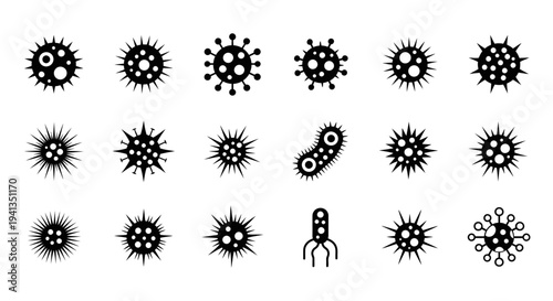 Minimalist flat vector illustration set of virus and microorganism silhouettes arranged in a grid layout.