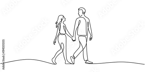 Continuous single line drawing of a couple holding hands and walking, Continuous one line drawing of young Couple Walking Together. Single line drawing illustration of romantic back view couple.