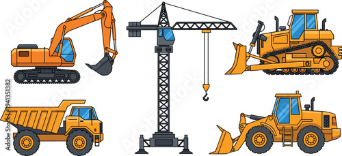 Construction machinery illustration set including excavator, tower crane, bulldozer, dump truck and wheel loader for heavy engineering and building projects isolated on white background