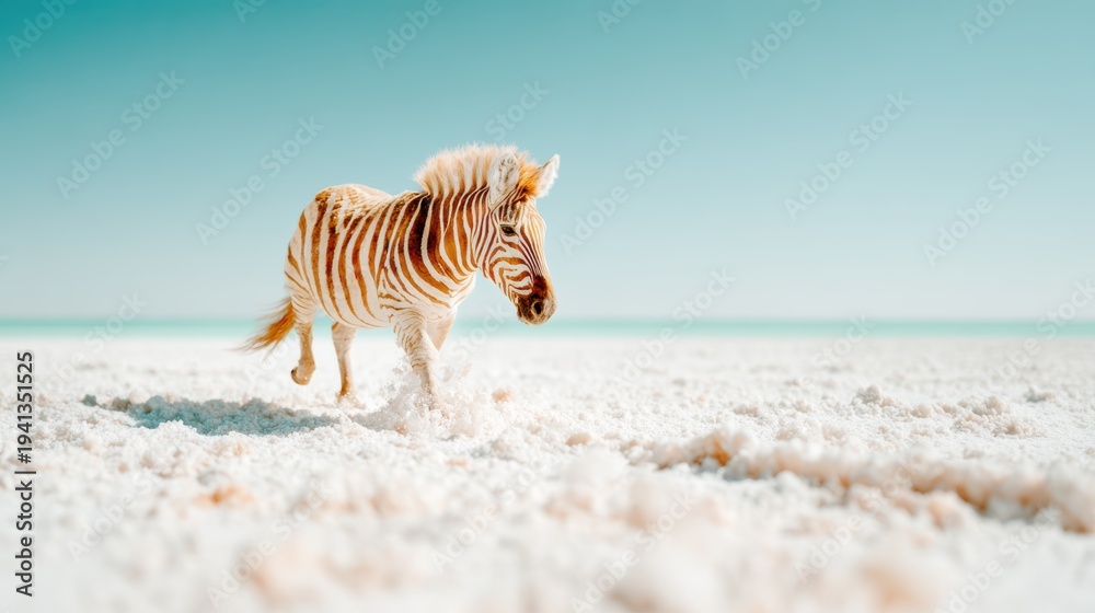 Obraz premium A zebra strides gracefully across a white salt flat beach under a clear blue sky, blending environmental wonder and wildlife beauty, highlighting the uniqueness of nature's creations.