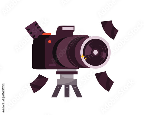 Digital camera on tripod with photo frame shutter elements, flat vector photography equipment icon isolated on white for studio, media, and content creation themes