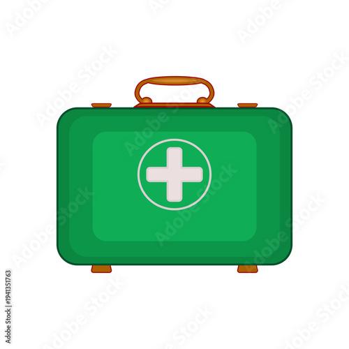 First aid kit icon on white background.Green medical bag suitcase with white cross symbol in circle.Medical equipment for emergency, healthcare and safety concept.Flat design style.Vector illustration