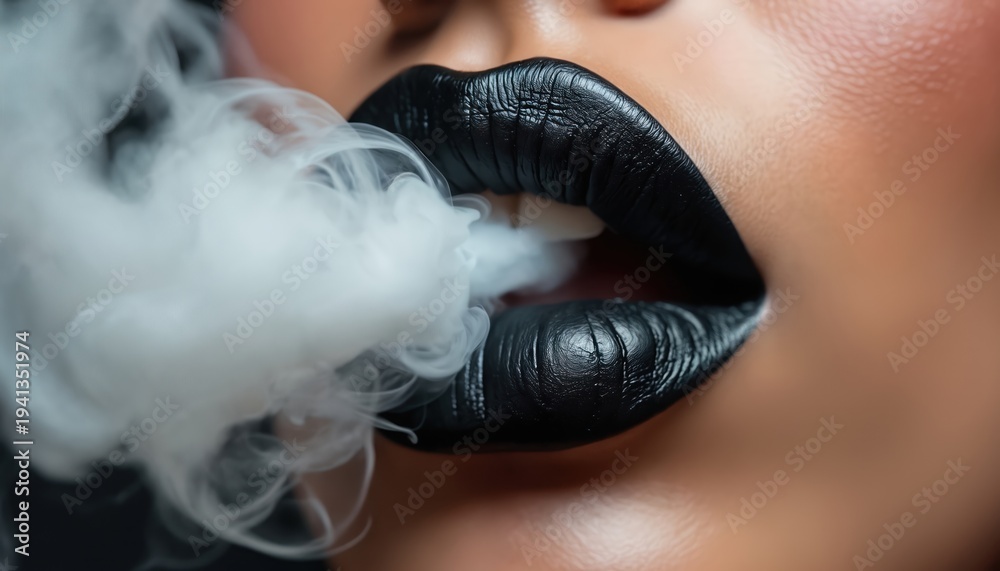 Obraz premium Woman blows out smoke from dark lipstick lips. Closeup of mouth exhaling vapor clouds. Beauty and style with sensual lips and makeup. Nostril and skin detail.
