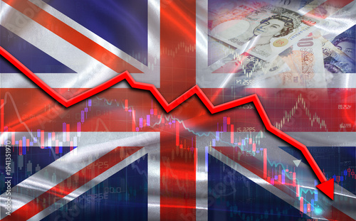 United Kingdom financial fall on economy market. United Kingdom financial crisis in a market financial chart