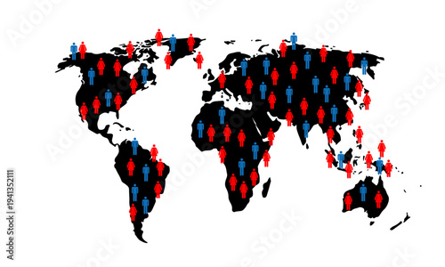 World map silhouette filled with red and blue people icons, global population and demographics concept, international community infographic on white background