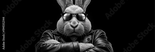 Close-up, Portrait. Anthropomorphic Leader Rabbit in Leather Jacket and Sunglasses on Black Background with Copy Space. Surreal Symbol of Confidence, Power and Resilient Leadership. Generative Ai.