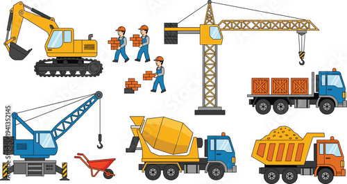 Construction site equipment and workers set featuring excavator, tower crane, concrete mixer truck, dump truck and builders carrying bricks isolated on white background