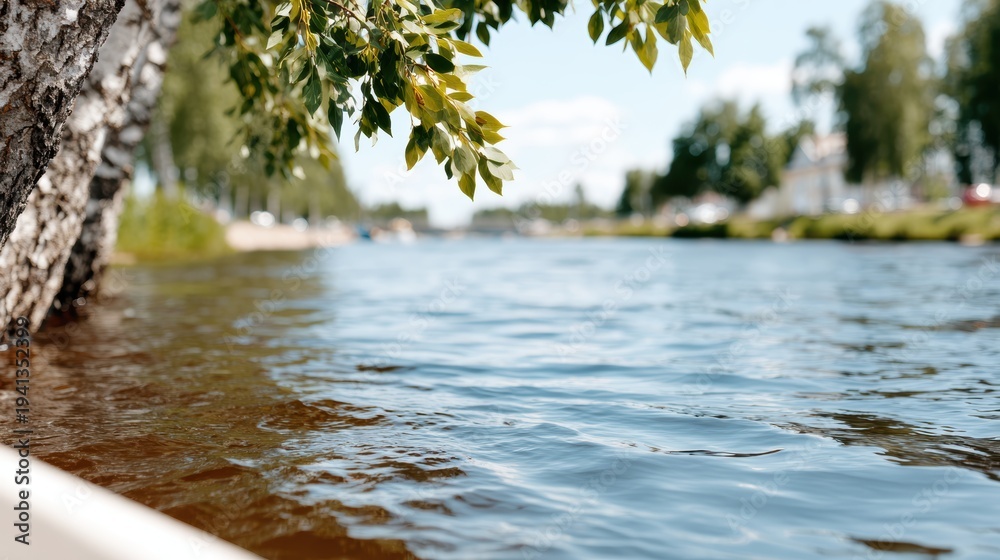 Naklejka premium A serene riverside scene with gently flowing water under vivid blue skies, reflecting nature's beauty and tranquility, inviting calmness and relaxation to viewers.