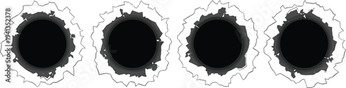 Set of Realistic Bullet Hole Vector Illustrations Featuring Damaged Metal Texture and Shot Impact Effects for Action Thriller Crime and Military Themed Graphic Design Projects