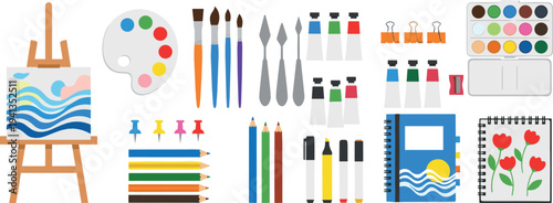 Art painting supplies vector set with brushes, palette, easel, paints, pencils and sketchbook cartoon illustration