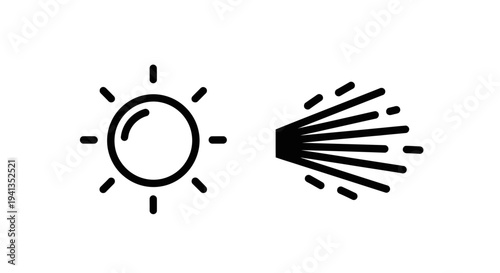 Icon of a sun emitting rays and a spray of particles, representing heat and dispersal, white background