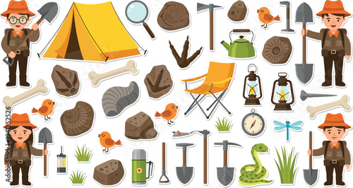 Archaeology tools and excavation vector set with tent, fossils, pickaxe, shovel and explorer cartoon illustration