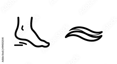 Simple icon of a foot touching ground and wavy lines, representing movement and air or water flow, white background