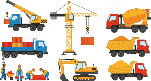 Construction site equipment and workers set featuring tower crane, excavator, concrete mixer truck, cargo truck and dump trucks for building industry isolated on white background