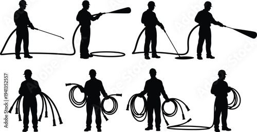 Construction worker silhouette set using industrial hose and spraying equipment, laborer handling flexible pipes for maintenance, cleaning and industrial work isolated on white background