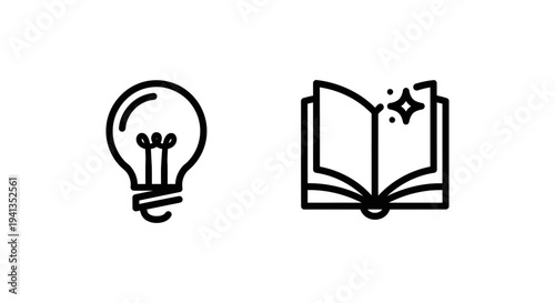 Icons of a glowing light bulb and an open book with sparkles, symbolizing knowledge and ideas, white background