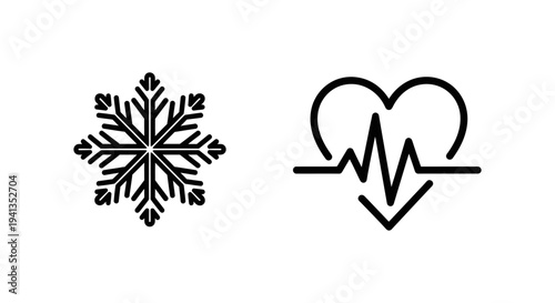 Icy spark snowflake and gentle pulse heartbeat icons for winter and health with health check