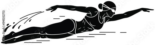 Female swimmer in cap and goggles performing freestyle stroke: silhouette illustration.