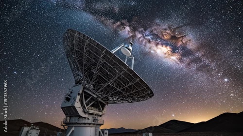 Massive radio telescope under starry night sky. Large satellite dish observing galaxy. Deep space exploration with astronomical observatory. Science research station.