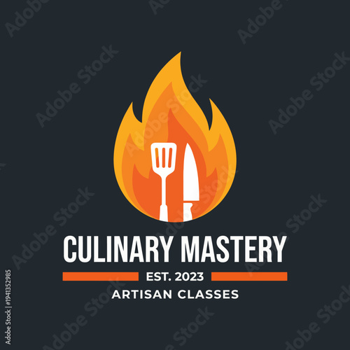 This dynamic logo showcases Culinary Mastery classes, featuring a fiery motif with spatula and knife, emphasizing hands-on culinary arts and the passion of cooking.