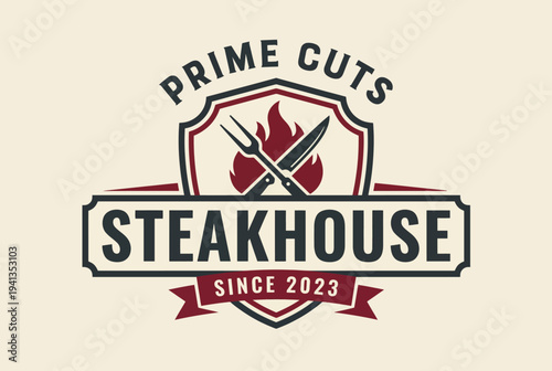 This image features an elegant logo for Prime Cuts Steakhouse, incorporating a shield design with cutlery and flames, symbolizing high quality and a passion for fine dining.
