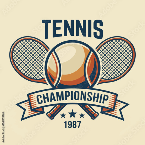 This image showcases a classical logo for a Tennis Championship featuring rackets, a ball, and stars, emphasizing tradition, competitive spirit, and sporting excellence since 1987.