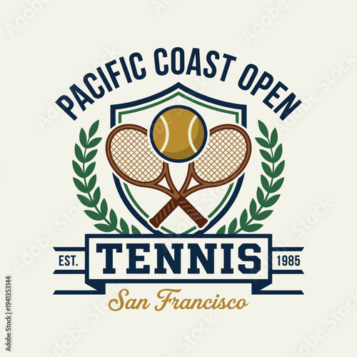 This logo features the Pacific Coast Open Tennis event, incorporating tennis rackets and a ball, framed with laurels, symbolizing competition, sportsmanship, and excellence in sports.