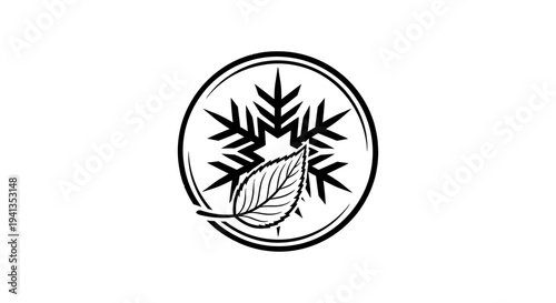 Snowflake and leaf icon on black background, elegant winter emblem with text, graphic resource