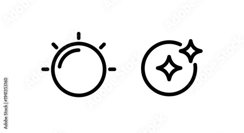 Sun and sparkle icons, brightness and shine symbols, simple line art on white background, graphic resource