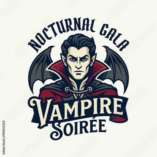This striking logo features a vampire figure with bat wings, exemplifying themes of mystery and elegance for a nocturnal gala event centered around the vampire persona.
