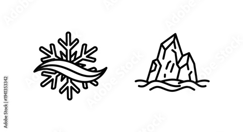 Minimalist icons of fynthera winterwave snowflake and icebound icebergs with line art with white background