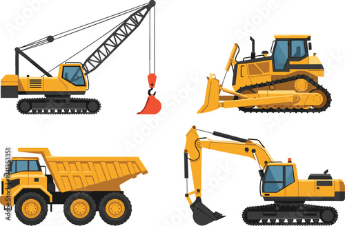 Heavy construction machinery set featuring crawler crane, bulldozer, excavator and dump truck for engineering, mining and infrastructure development isolated on white background