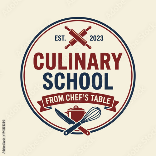 An inviting logo design representing a culinary school with elements like rolling pins and kitchen utensils to signify the art of cooking and professional training in gastronomy.