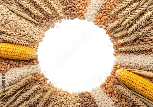 Natural cereal grains creating a decorative border around an empty, clean center area suitable for design elements or text placement, concept, frame, seed