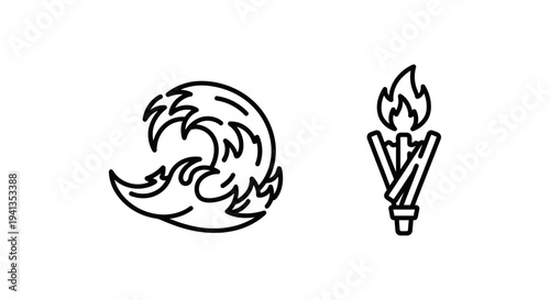 Minimalist icons of pyrothalis igniswave fire wave and torchfold torch with line art with white background