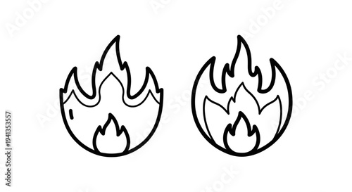 Outline icons of abstract flame shapes representing fire and heat with line art with danger sign
