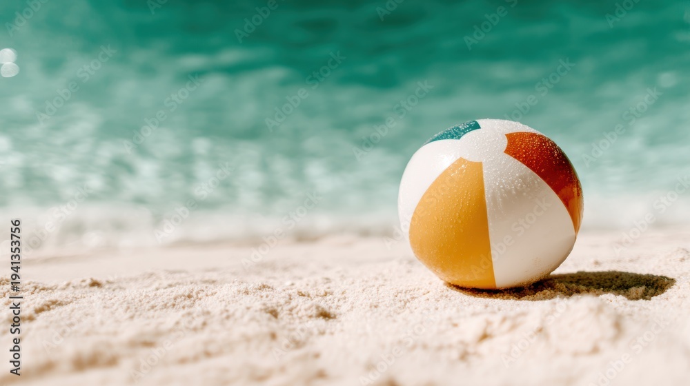 Obraz premium A vibrant beach ball rests on a sandy shoreline, with gentle waves lapping in the background, perfectly capturing the essence of summer fun and relaxation by the beach.