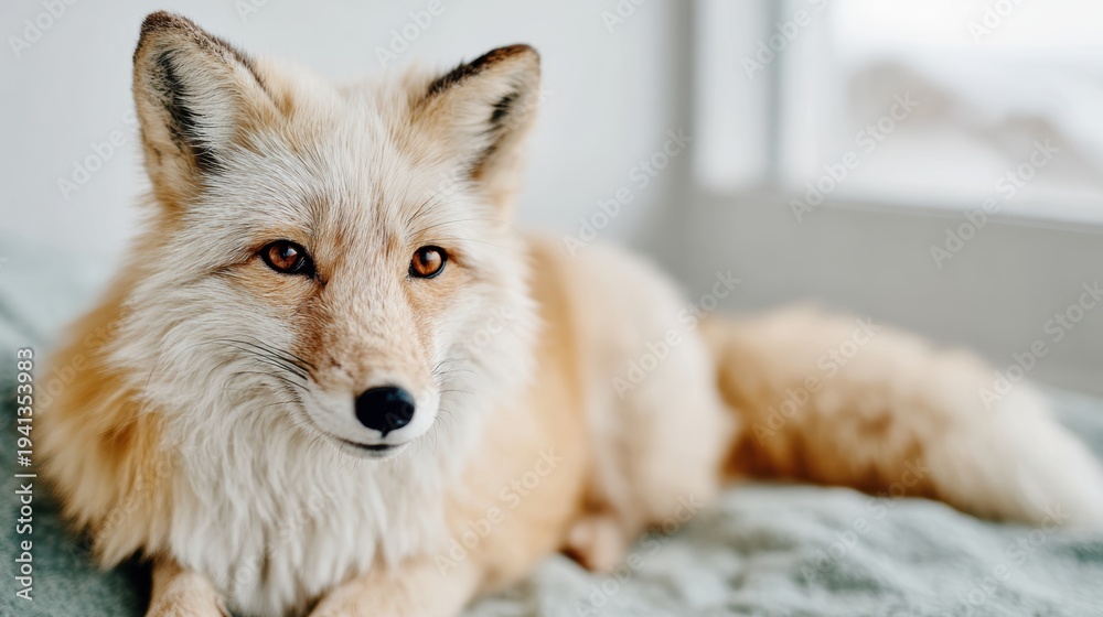 Fototapeta premium A stunning, fluffy fox lies comfortably and gently on a soft surface, displaying its striking features and inviting gaze, adding charm to the indoor ambiance.