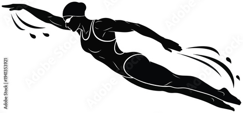 Silhouette of female freestyle swimmer in motion with a water splash—athletic swimming illustration.