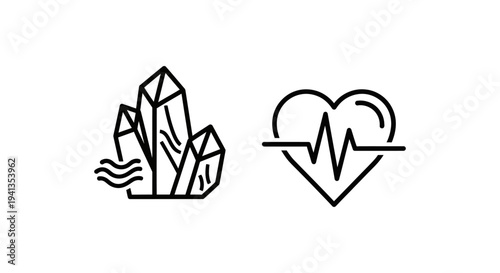 Abstract crystal cluster and heart pulse line icons for health and purity concepts