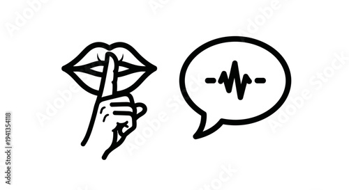 Shushing lips icon with speech bubble and sound wave, silence and communication symbol, black and white, graphic resource