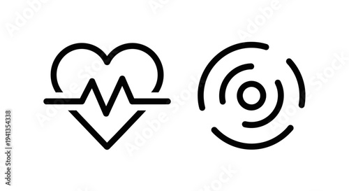 Heartbeat cardiogram and signal wave icons, health and communication symbols, vital signs and frequency concept, icon set