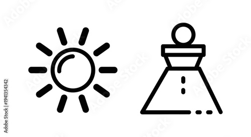 Sun and abstract road icons, travel and journey symbols, brightness and direction concept, icon set