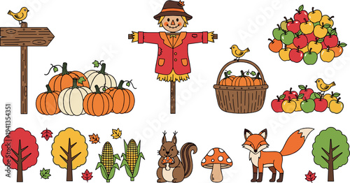 Autumn harvest vector set with pumpkins, scarecrow, apples, basket, fox, squirrel, corn and fall trees cartoon illustration
