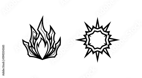 Abstract flame and sunburst icons, fire and energy symbols, heat and explosion concept, graphic design elements, icon set, explosion symbol